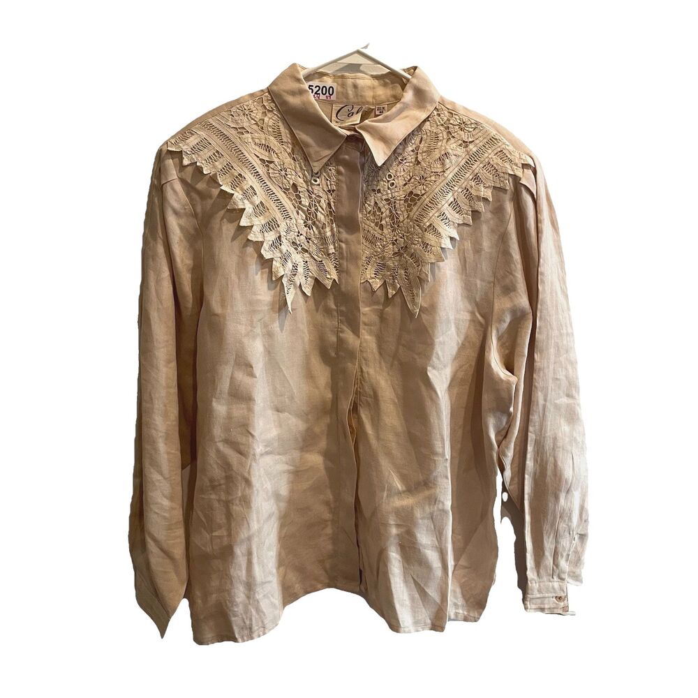 Vtg 70s Prairie Beige Button Up Blouse 20W Cali Lace Collar Long Sleeves Western